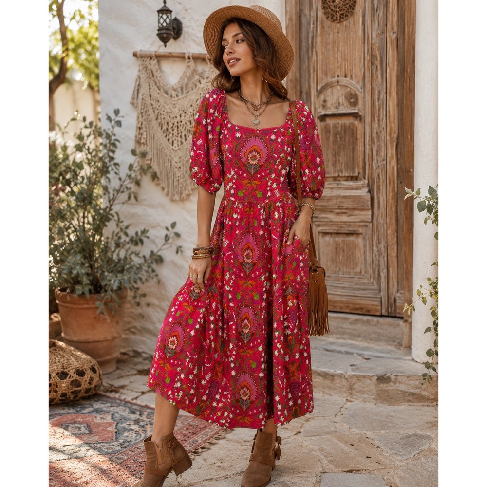 Vince Camuto Pink Floral Paisley Puff Sleeve Midi Dress Cotton Sz8 Side Pockets - Picture 1 of 11